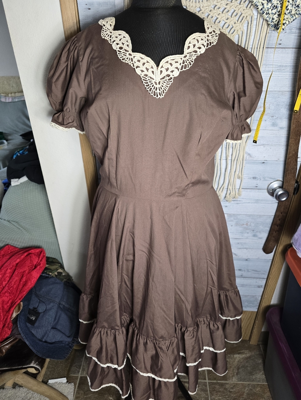 Vtg 60's Partners Please by Malco Modes Brown Rockabilly Dress Lace Trim Square